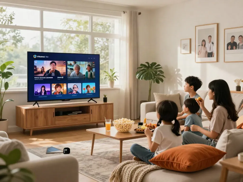 Pikashow free download experience in a cozy family living room with a smart TV displaying streaming content.
