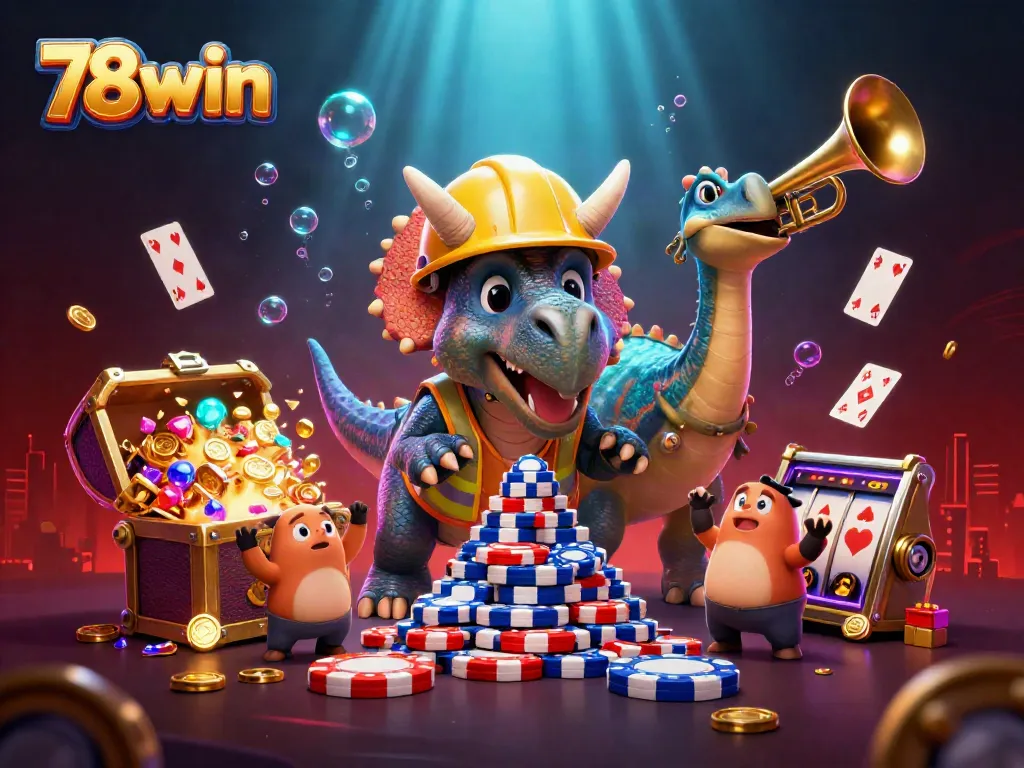 Experience thrilling gaming action with 78win, featuring vibrant casino elements and joyful characters.