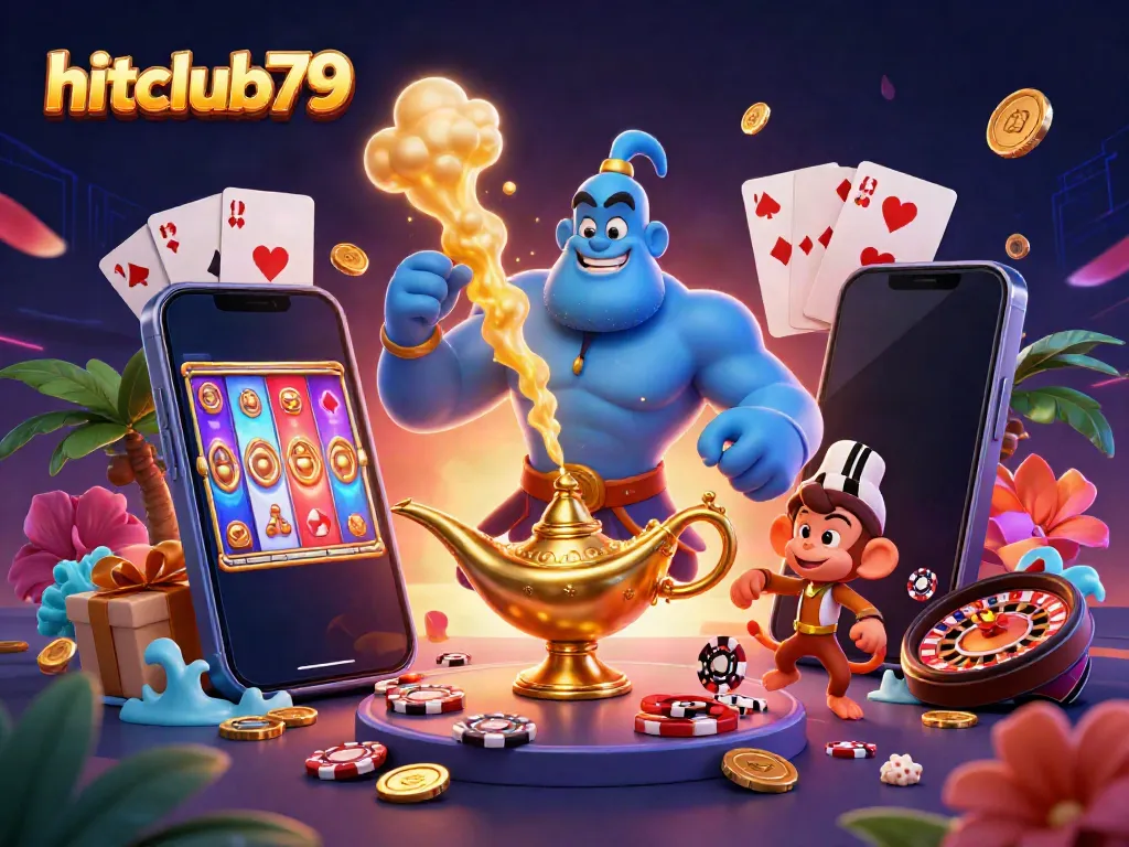 Experience the thrill of hitclub79 with a dynamic casino scene featuring a muscular blue genie, a monkey, and magical elements.