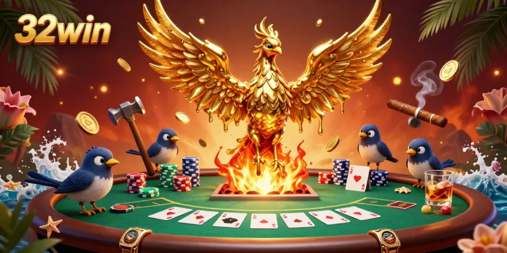 Experience the thrill of 32win with a vibrant casino scene featuring a golden phoenix and poker elements.