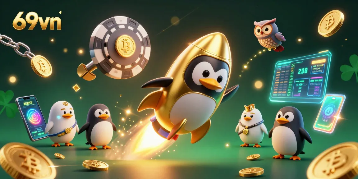 Experience 69vn excitement with a golden penguin racing towards a poker chip casino.