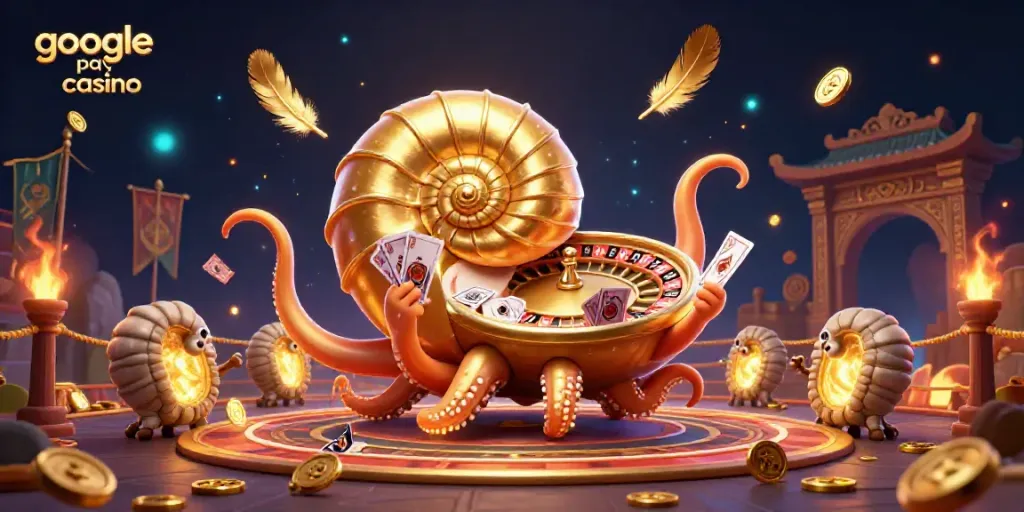 Experience the excitement at a google pay casino, featuring a giant nautilus roulette wheel and glowing ammonite companions.