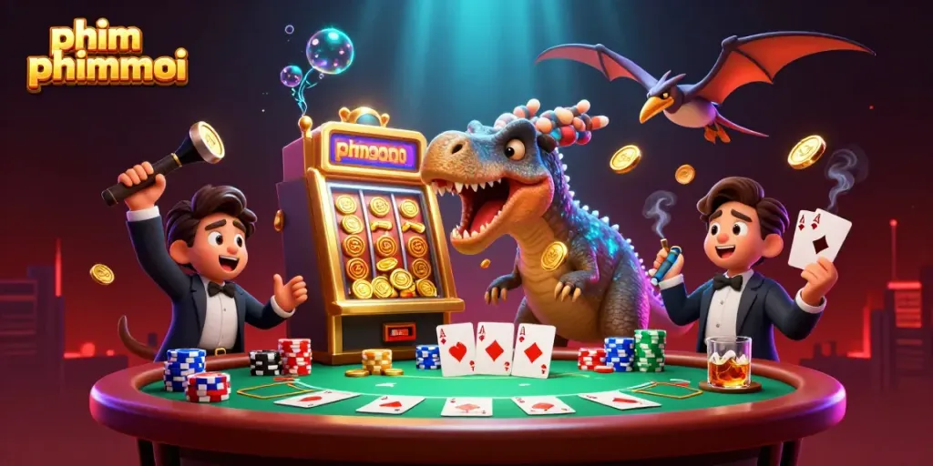Engaging scene of "phim phimmoi" characters celebrating a jackpot win in a vibrant casino setting.