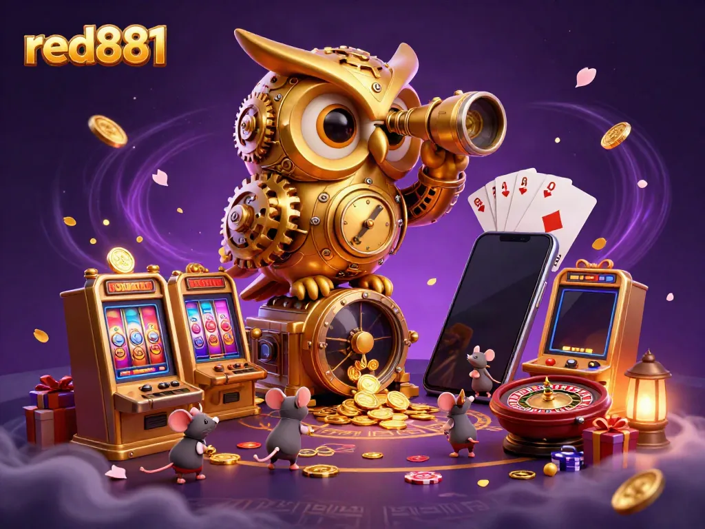 Engage in thrilling games at red881, featuring a vibrant casino scene with a golden owl and animated patrons.