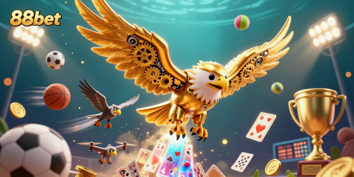 88bet showcases an animated scene with a golden eagle diving through holographic cards amidst vibrant sports elements.