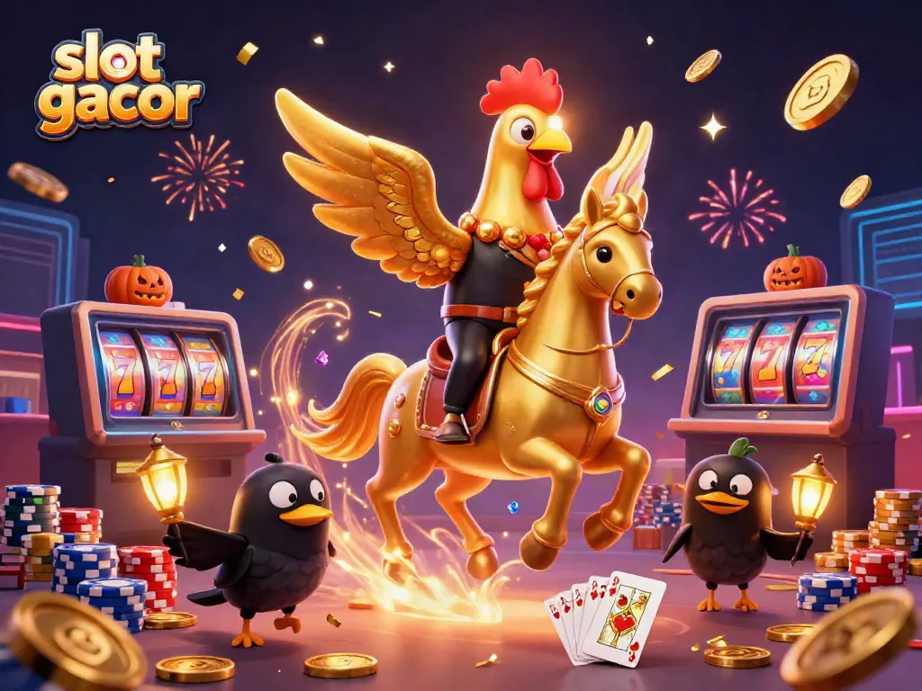 Experience slot gacor excitement with a golden rooster in a vibrant casino scene.