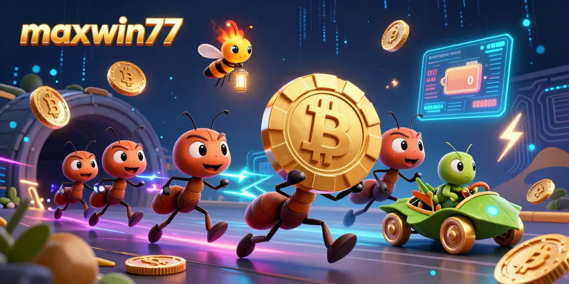 Win big using maxwin77 with a colorful heist scene featuring giant poker chips and animated characters.