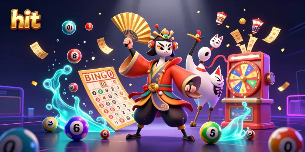 Engaging scene showcasing hit-themed casino promotion with kabuki warrior and lottery elements.