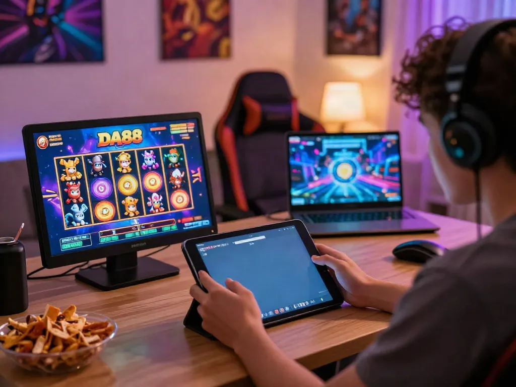 Enjoying slot games at DA88 with vibrant graphics and cozy home setting.