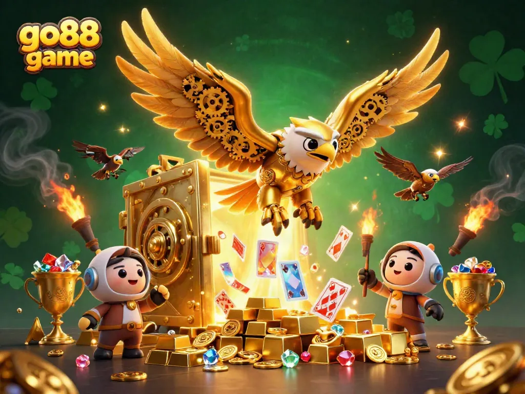 Experience the excitement of the go88 game with a golden eagle soaring through a sea of holographic cards and treasures.