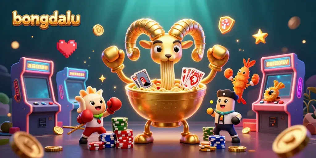 Bongdalu showcases a dynamic scene with a giant golden ramen bowl character dealing cards amid a vibrant casino atmosphere.