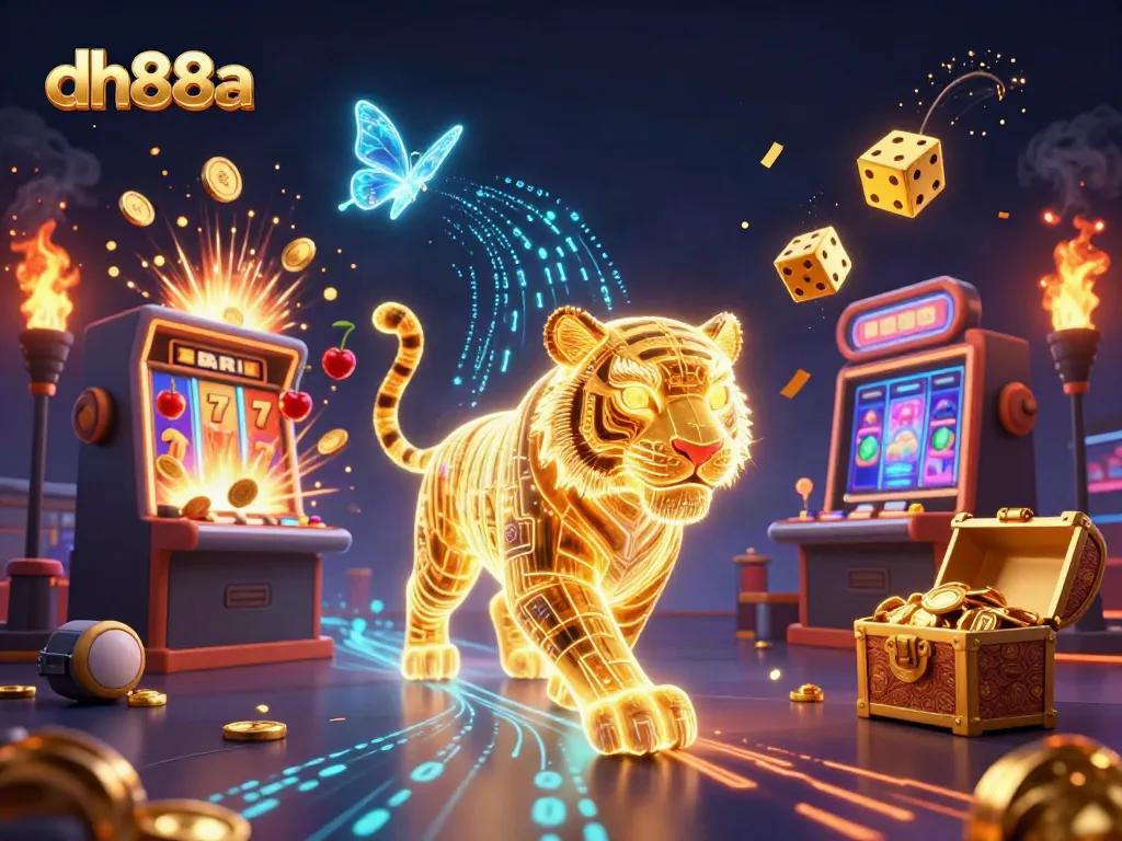 Experience the thrill of dh88a with a vibrant casino scene featuring a neon tiger and slot machine jackpots.