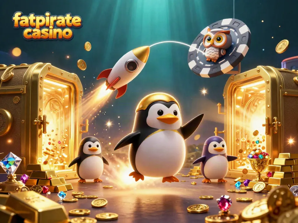 Engage with fatpirate casino as the golden penguin speeds through a cosmic poker chip realm.
