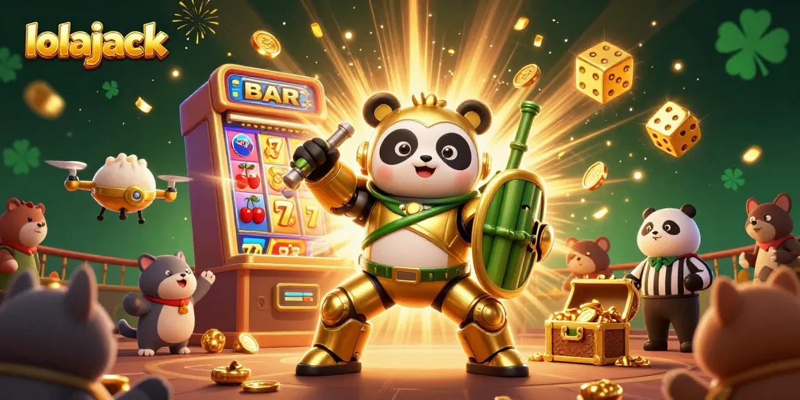Experience gaming excitement at lolajack casino with a vibrant 3D scene of players and slot machines.
