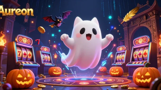 Aureon engages players with a vibrant casino scene featuring a ghost cat, vampire bat, and glowing jack-o-lanterns.