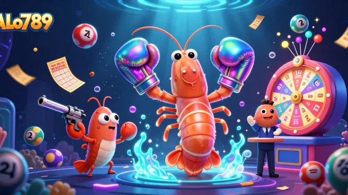 Experience exciting casino action with ALo789 as the ocean-themed mantis shrimp character engages in vibrant gaming elements.