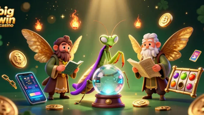 Experience big win casino thrills with a vibrant 3D illustration of fortune tellers and crypto treasures.